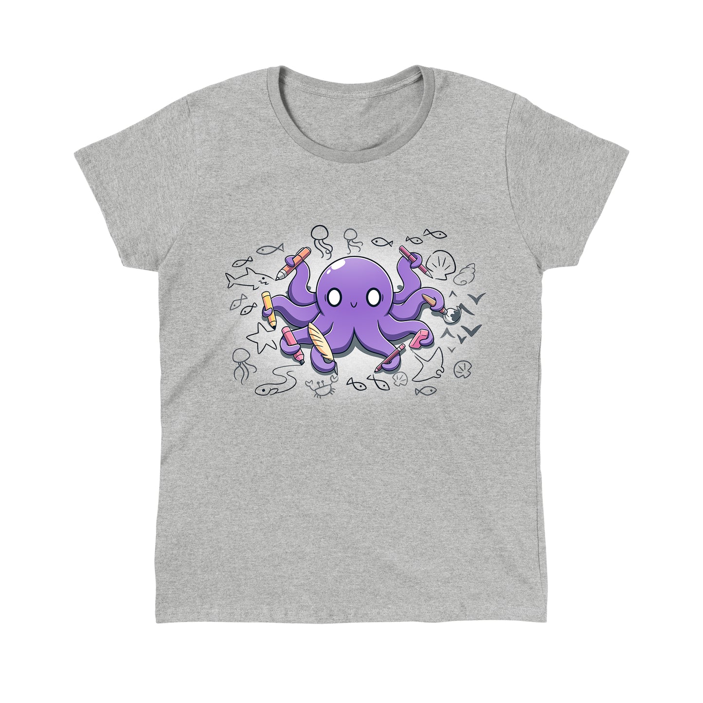 Classic Cotton T-shirt_TeeTurtle Octopus Artist heather gray t-shirt featuring an illustration of a cheerful purple octopus holding various creative tools, surrounded by sketches of sea creatures and nautical elements.