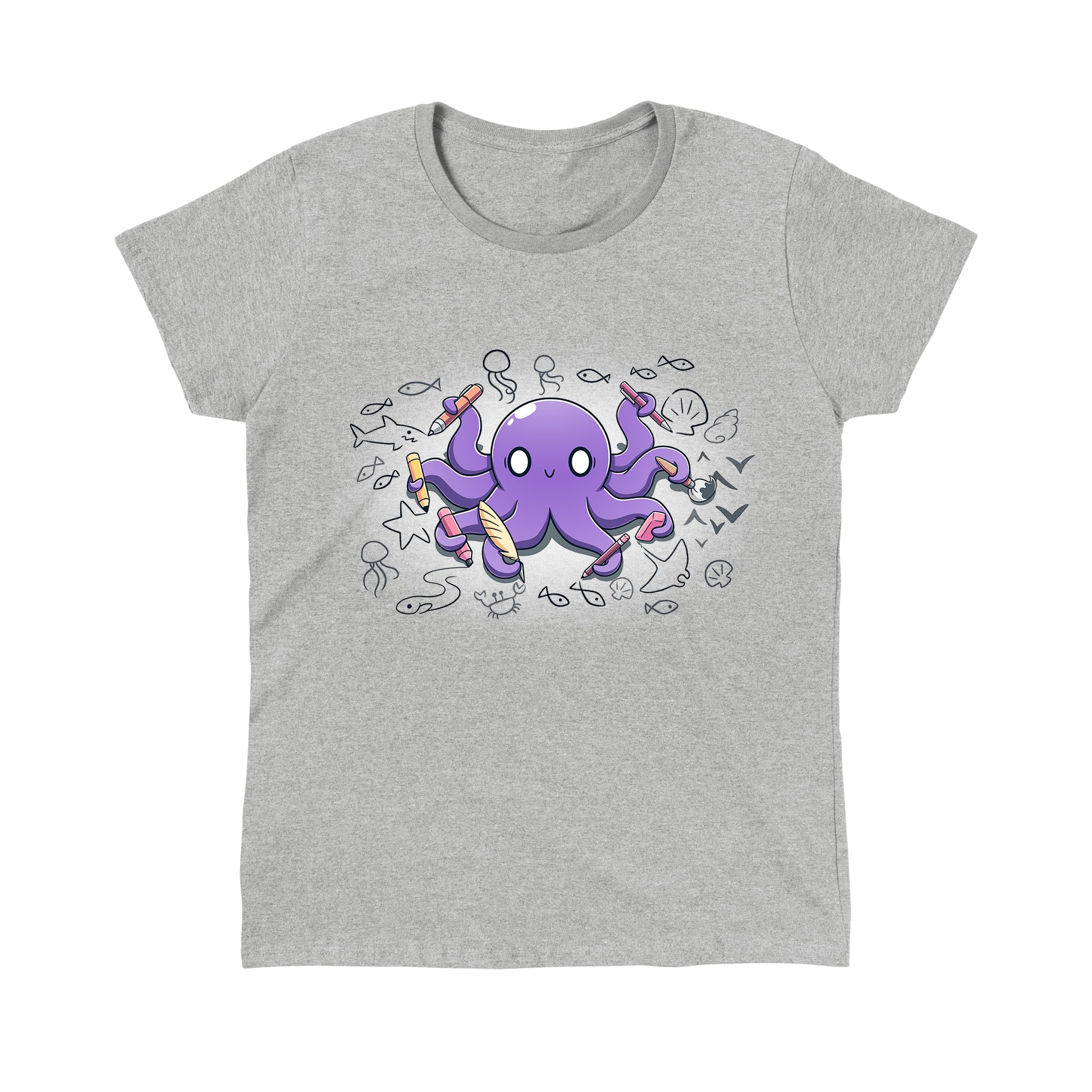 Classic Cotton T-shirt_TeeTurtle Octopus Artist heather gray t-shirt featuring an illustration of a cheerful purple octopus holding various creative tools, surrounded by sketches of sea creatures and nautical elements.