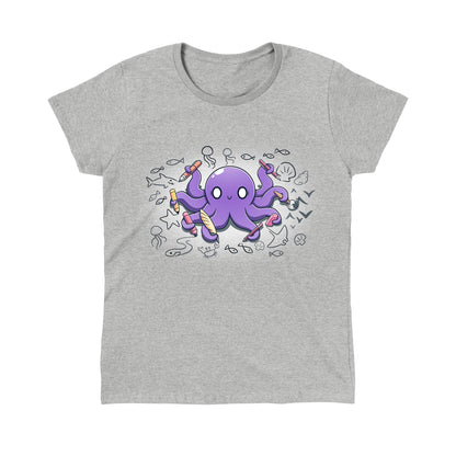 Classic Cotton T-shirt_TeeTurtle Octopus Artist heather gray t-shirt featuring an illustration of a cheerful purple octopus holding various creative tools, surrounded by sketches of sea creatures and nautical elements.