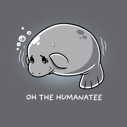 Classic Cotton T-shirt_TeeTurtle Oh The Humanatee charcoal gray t-shirt featuring a manatee with a sad expression and bubbles above its head.
