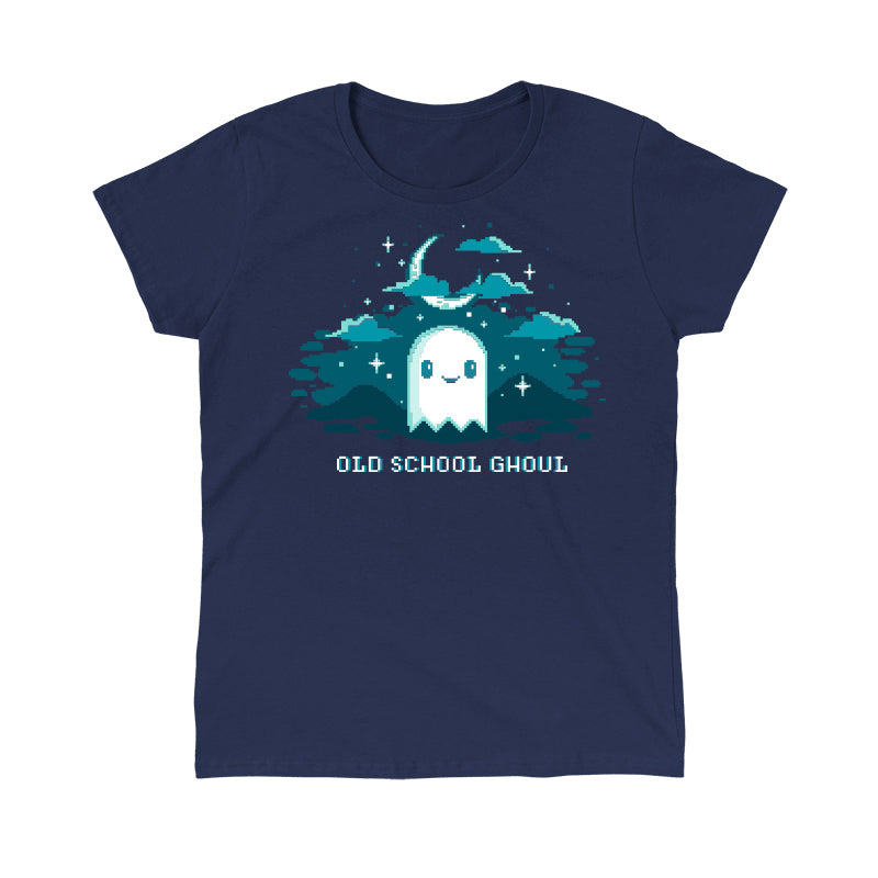 Classic Cotton T-shirt_TeeTurtle Old School Ghoul navy blue t-shirt featuring a spooky pixel art smiling ghost under a crescent moon and stars with text "Old School Ghoul" below in this Halloween and video game design. 