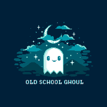 Crew Neck Sweatshirt_TeeTurtle Old School Ghoul navy blue design featuring a spooky pixel art smiling ghost under a crescent moon and stars with text "Old School Ghoul" below in this Halloween and video game design. 