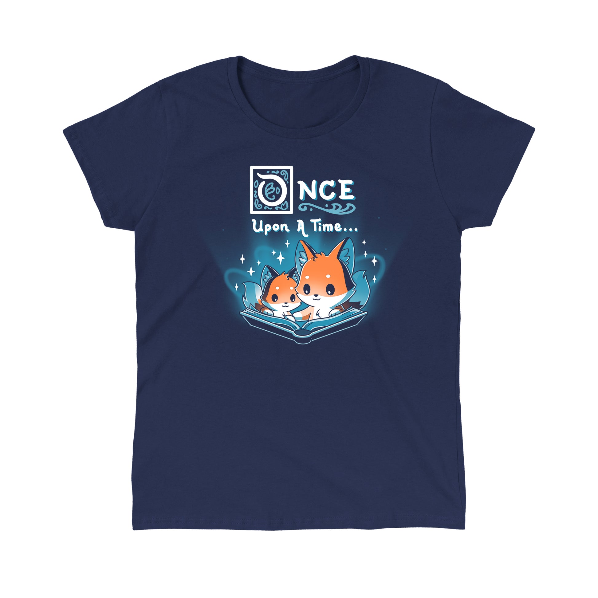 Classic Cotton T-shirt_TeeTurtle Once Upon a Time (Foxes) navy blue t-shirt featuring two cartoon foxes reading a magical open book with the words "Once Upon a Time" above them.