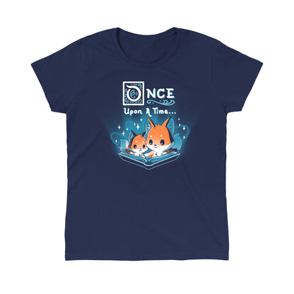 Classic Cotton T-shirt_TeeTurtle Once Upon a Time (Foxes) navy blue t-shirt featuring two cartoon foxes reading a magical open book with the words "Once Upon a Time" above them.