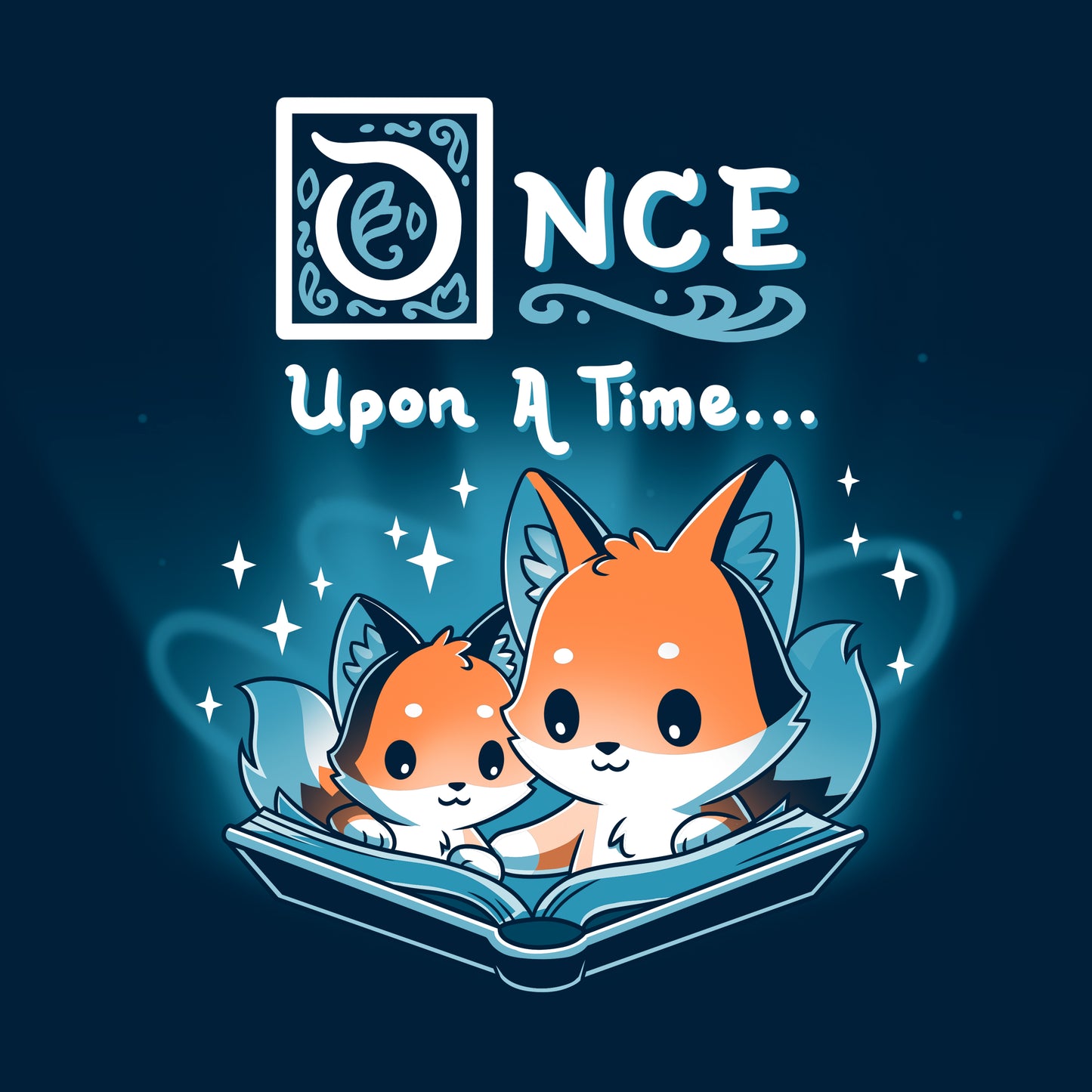 Classic Cotton T-shirt_TeeTurtle Once Upon a Time (Foxes) navy blue t-shirt featuring two cartoon foxes reading a magical open book with the words "Once Upon a Time" above them.