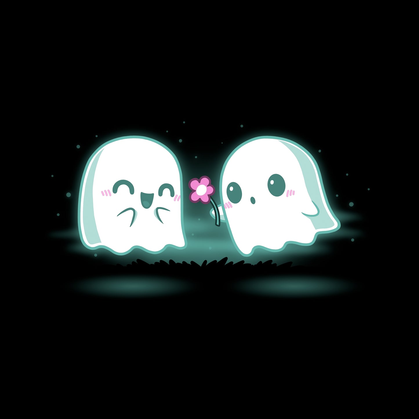 Classic Cotton T-shirt_TeeTurtle One Boo Love black t-shirt featuring two cute kawaii ghost-like Halloween characters are glowing softly in the dark on a black apparel. One ghost is smiling with eyes closed while the other offers a pink flower.