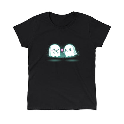 Classic Cotton T-shirt_TeeTurtle One Boo Love black t-shirt featuring two cute kawaii ghost-like Halloween characters are glowing softly in the dark on a black apparel. One ghost is smiling with eyes closed while the other offers a pink flower.