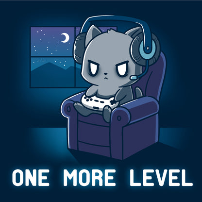 Classic Cotton T-shirt_TeeTurtle One More Level navy blue t-shirt featuring a cat wearing headphones, holding a game controller, and sitting in a chair with a nighttime window view. Text below reads "One More Level."