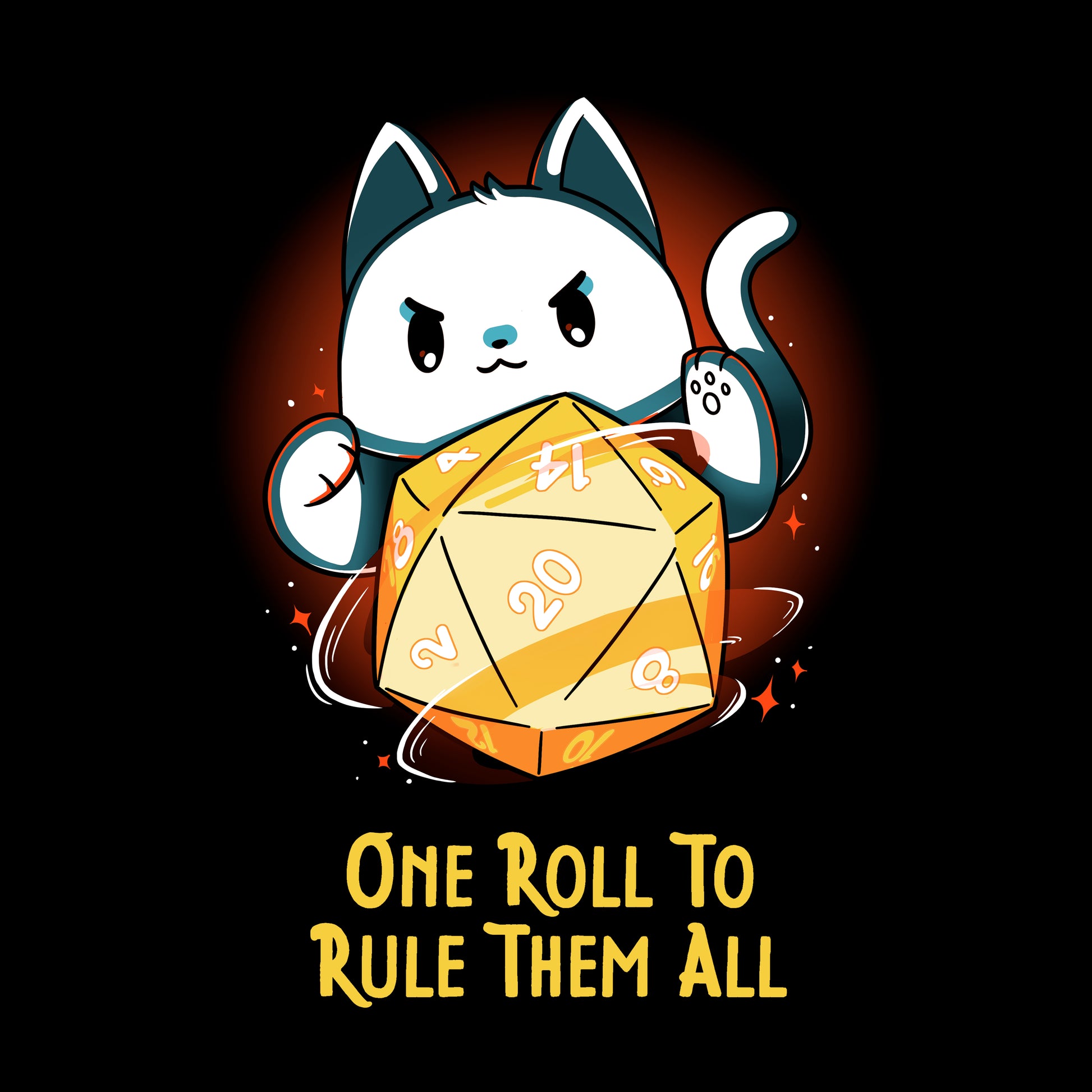 Long Sleeve T-shirt_TeeTurtle One One Roll To Rule Them All Black t-shirt featuring a white cat rolling an oversized tabletop game 20 sided dice, with 20 facing forward, and the text in fantasy script "One roll to rule them all" below.