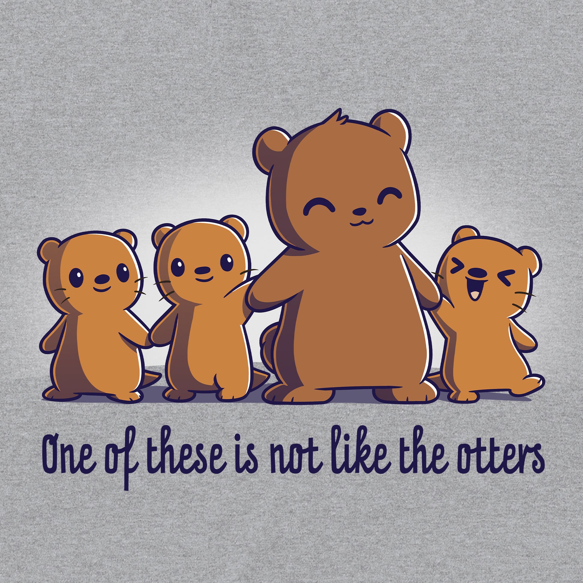 Classic Cotton T-shirt_TeeTurtle One of These is Not Like the Otters heather gray t-shirt featuring three small brown otters and one larger brown bear smiling and standing side by side holding hands with two otters, with the caption "One of these is not like the otters" in cute kawaii script. 