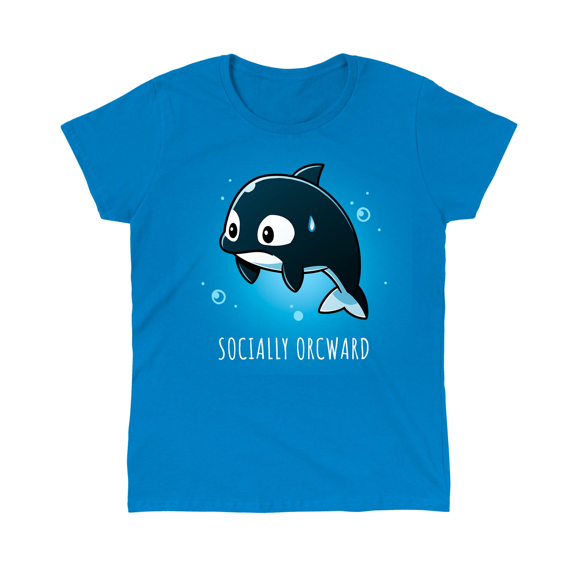 Classic Cotton T-shirt_TeeTurtle Orcward Sapphire Blue t-shirt featuring a cartoon of an orca with a nervous expression, a sweat drop on its head, and the text "SOCIALLY ORCWARD" below it. 