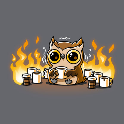 Classic Cotton T-shirt_TeeTurtle charcoal gray Owl I Need Is A Little Coffee t-shirt featuring an anxious, caffeinated owl with wide eyes holding a coffee cup surrounded by empty coffee cups with fire in the background.