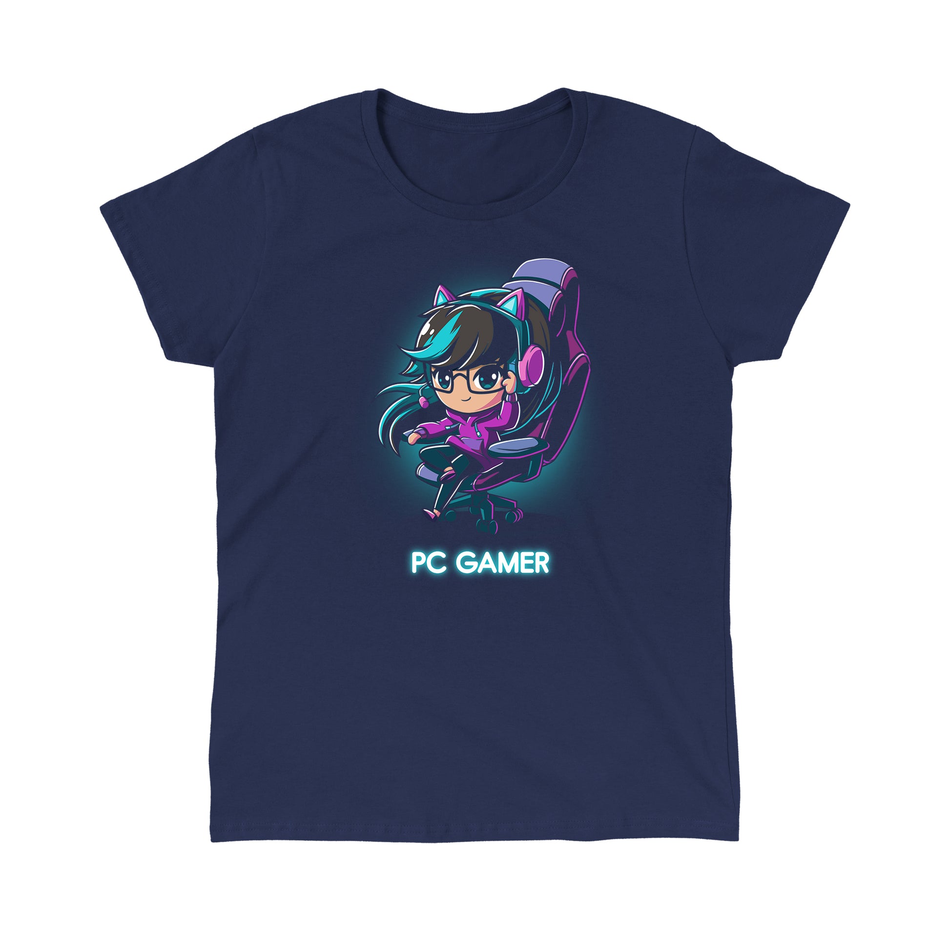 Classic Cotton T-shirt_TeeTurtle PC Gamer navy blue t-shirt featuring a person with teal highlights and glasses wearing cat ear headphones sitting in a gaming chair.