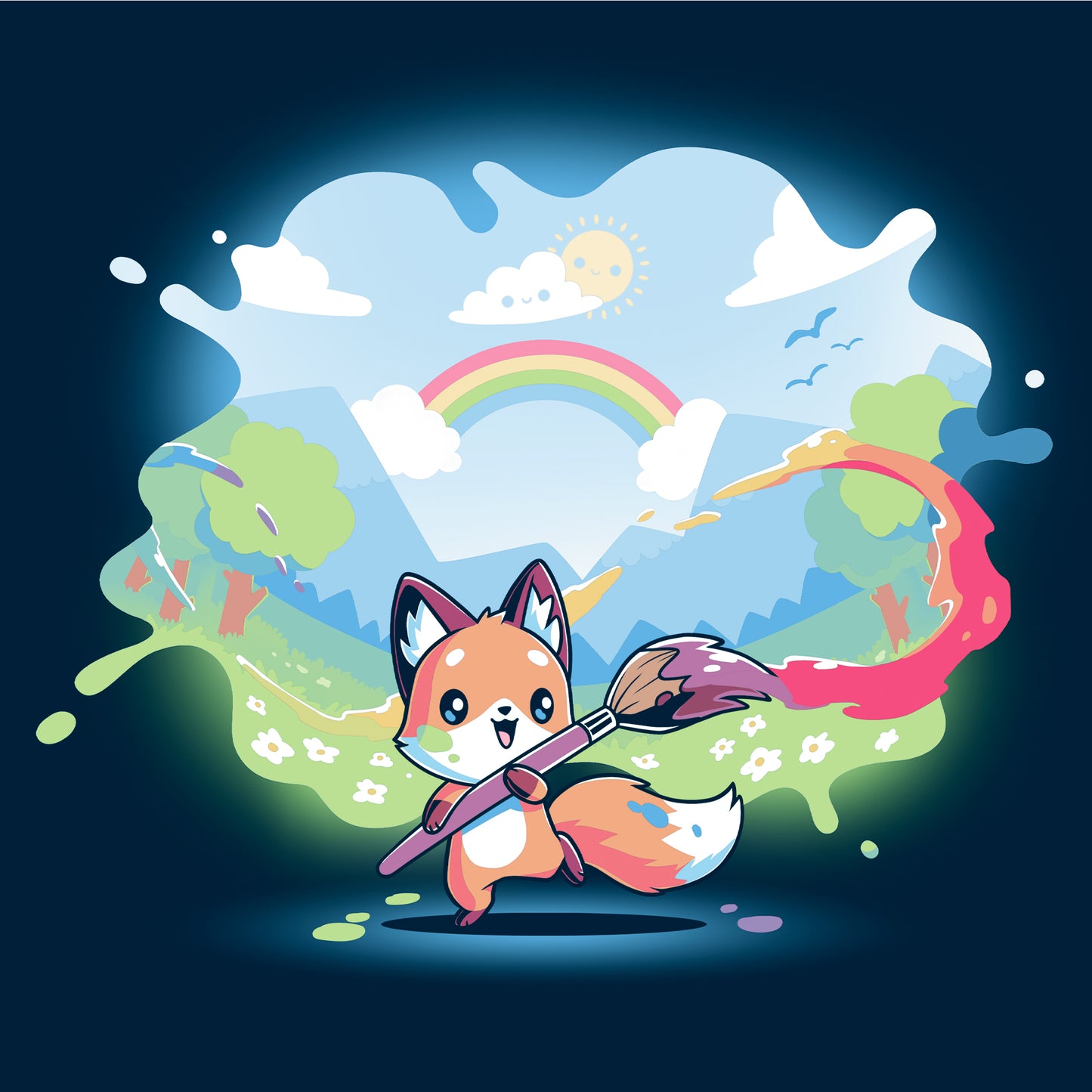 Pullover Hoodie_TeeTurtle Paint Your Own World navy blue t-shirt featuring a drawing cartoon fox who holds a paintbrush, trailing vibrant colors as it paints a lively landscape with hills, trees, a rainbow, and a bright sky.