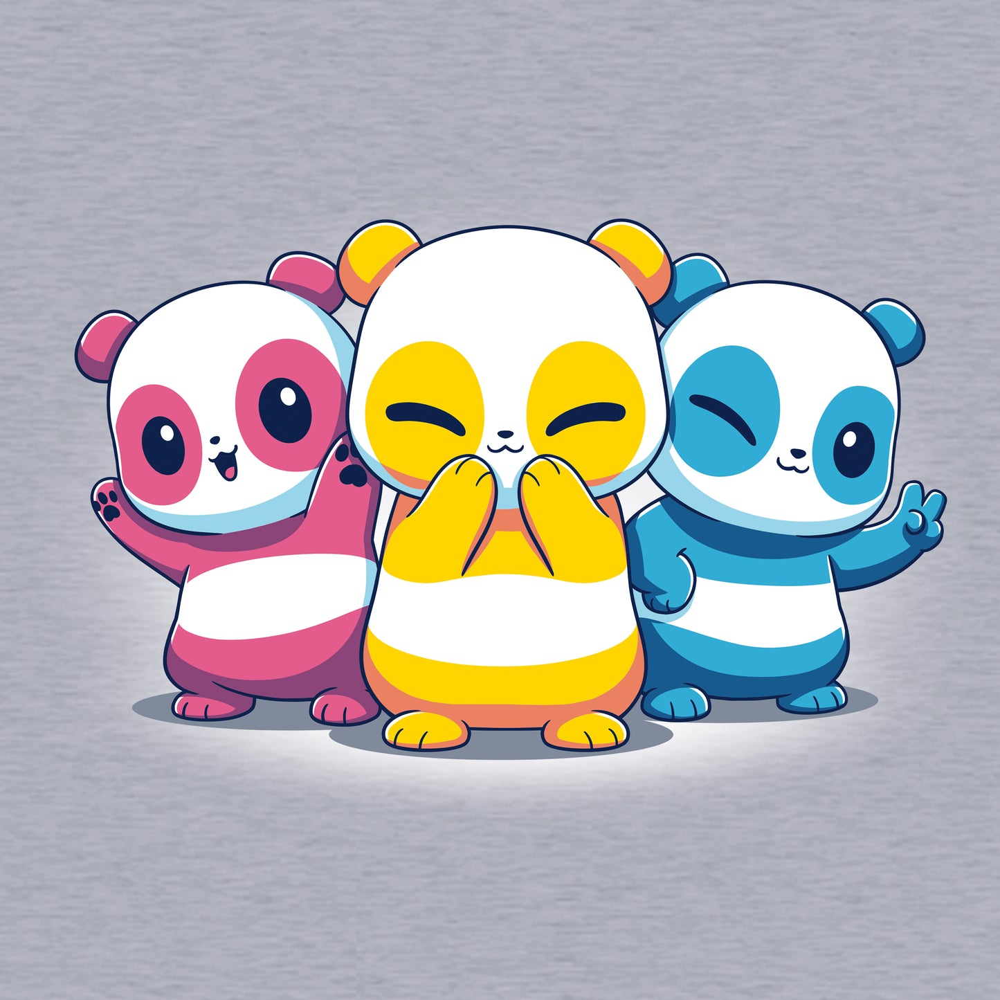 Classic Cotton T-shirt_TeeTurtle Pan Pride Pandas Heather Gray t-shirt featuring three cartoon pandas in pan pride flag colors.
