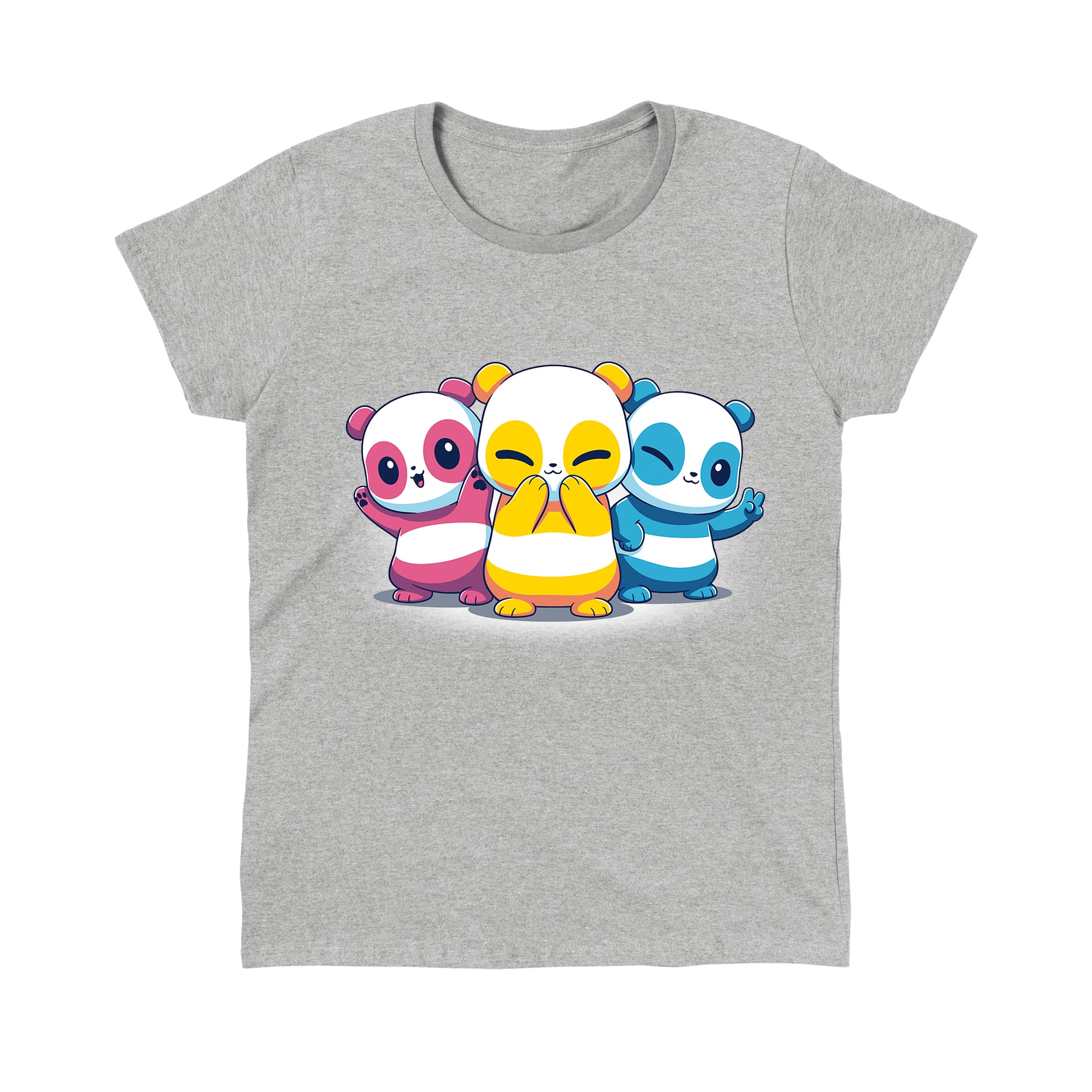 Classic Cotton T-shirt_TeeTurtle Pan Pride Pandas Heather Gray t-shirt featuring three cartoon pandas in pan pride flag colors.
