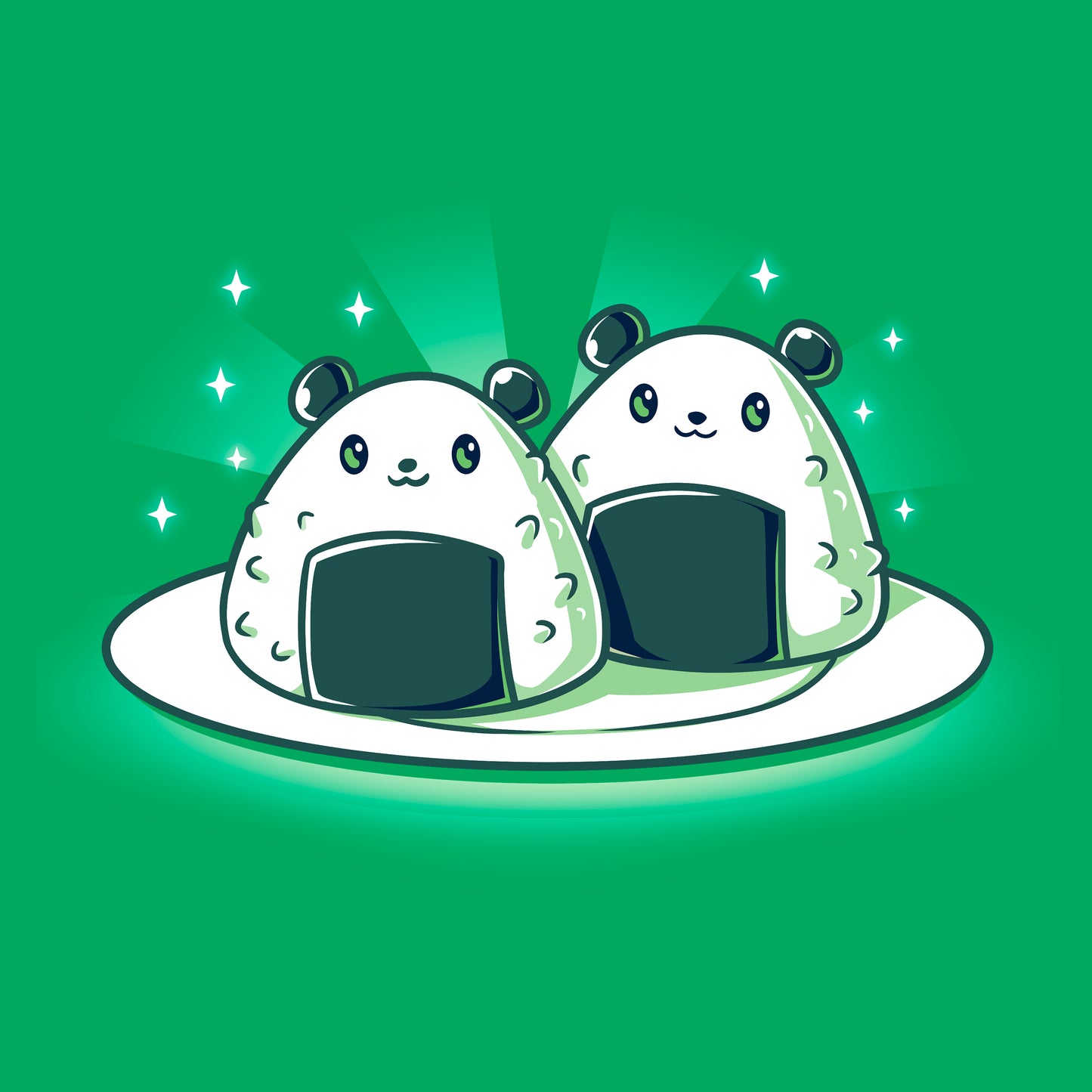 Classic Cotton T-shirt_Teeturtle Panda Onigiri Irish green t-shirt featuring a pair of cute, cartoon-styled Panda-shaped Onigiri on a plate.