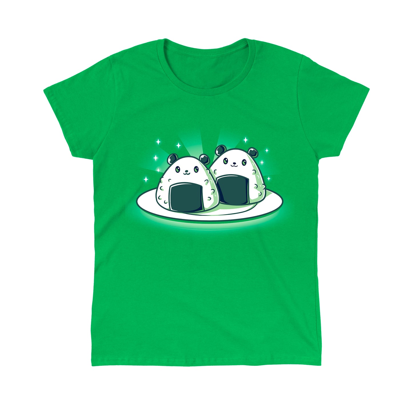 Classic Cotton T-shirt_Teeturtle Panda Onigiri Irish green t-shirt featuring a pair of cute, cartoon-styled Panda-shaped Onigiri on a plate.