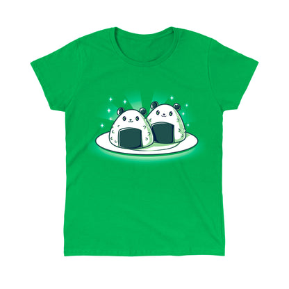 Classic Cotton T-shirt_Teeturtle Panda Onigiri Irish green t-shirt featuring a pair of cute, cartoon-styled Panda-shaped Onigiri on a plate.