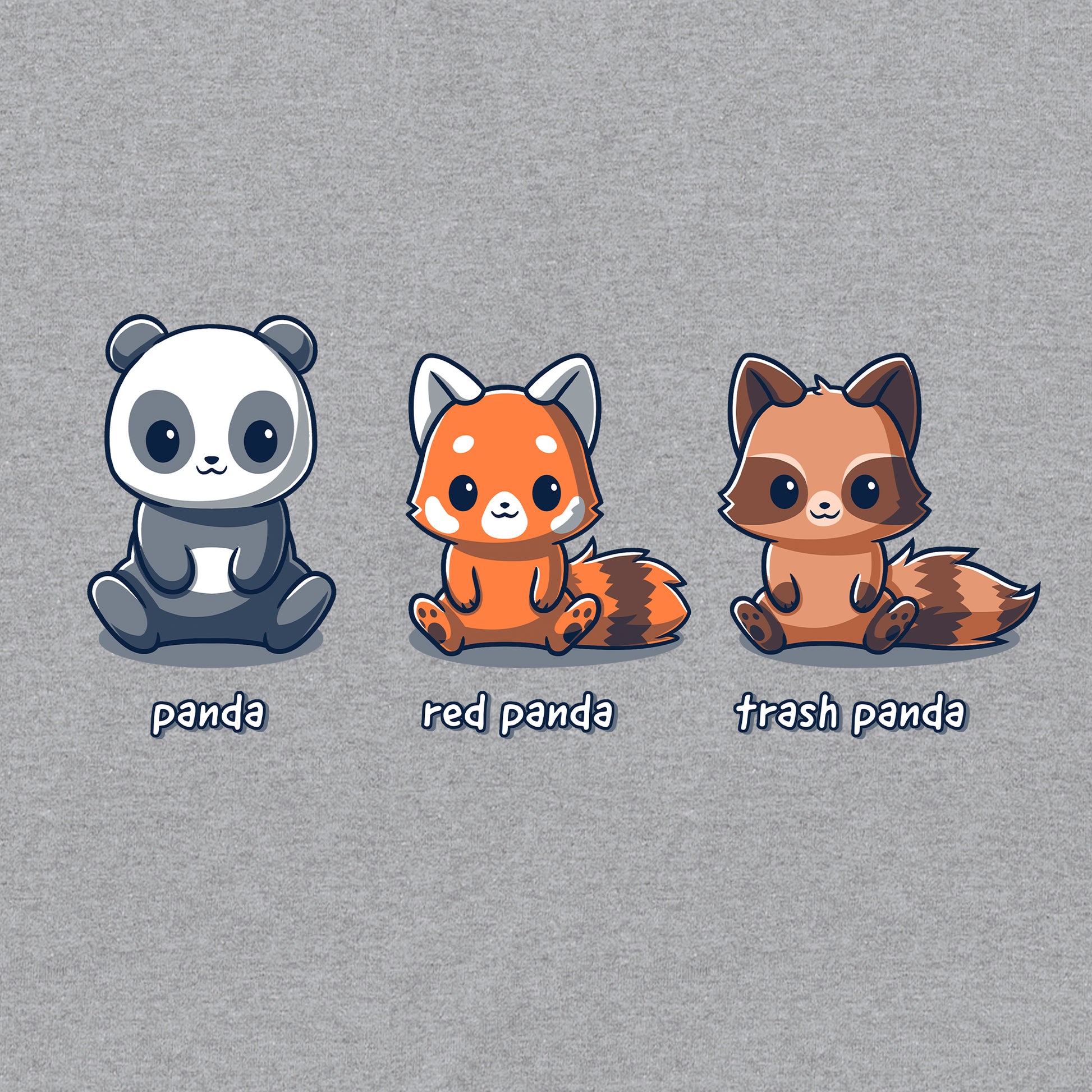 Classic Cotton T-shirt_TeeTurtle Panda, Red Panda, Trash Panda sport gray t-shirt featuring a panda, red panda, and raccoon sitting next to each other. 