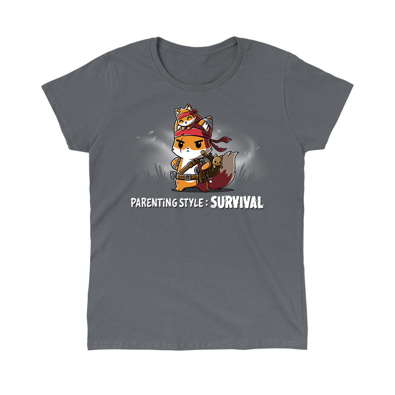 Classic Cotton T-shirt_TeeTurtle Parenting Style: Survival Charcoal Gray t-shirt featuring an illustration of a serious fox in survival gear, carrying a small fox on its head. Text below reads, "Parenting Style: Survival."