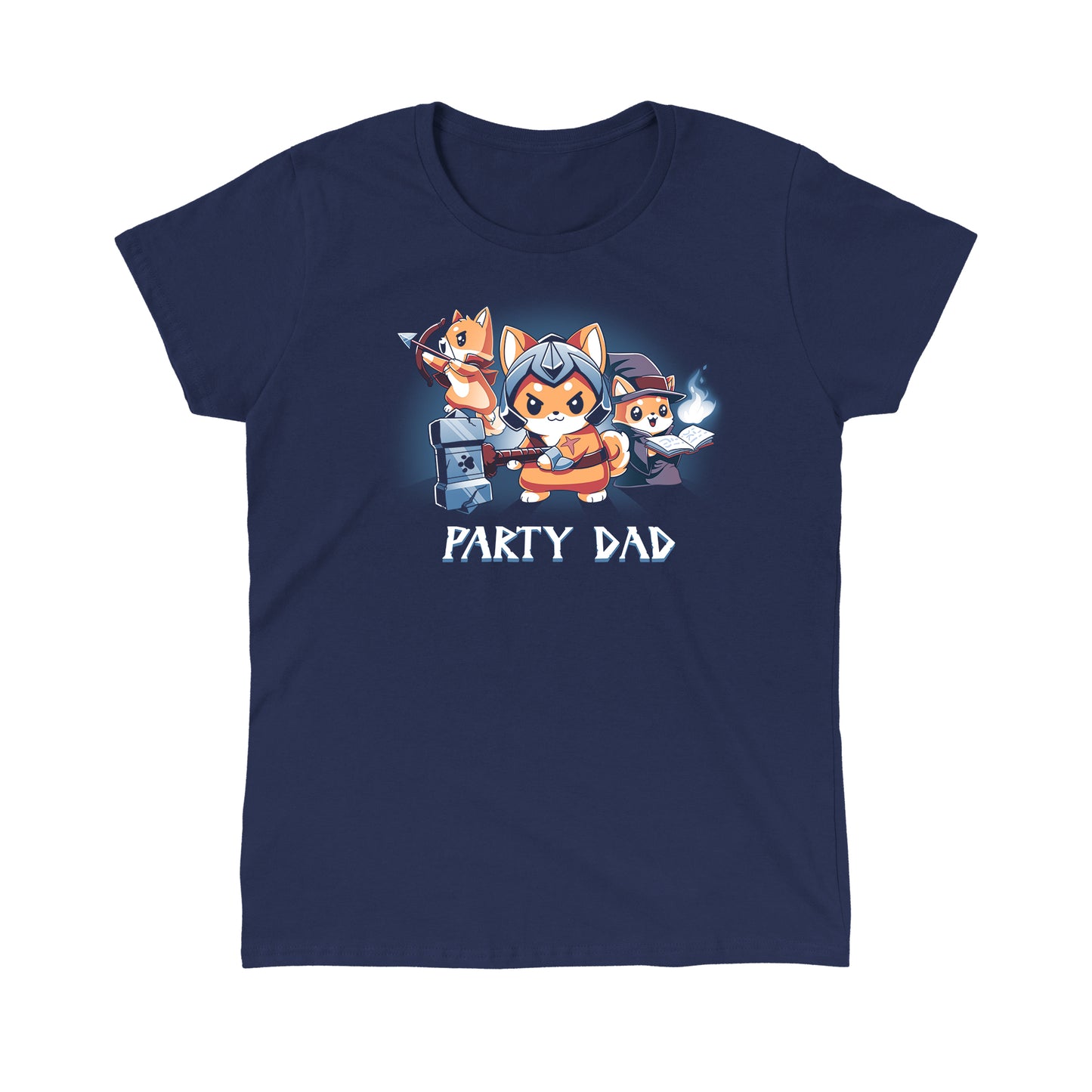 Classic Cotton T-shirt_TeeTurtle Party Dad navy blue t-shirt featuring a party of three foxes dressed as a warrior, an archer, and wizard with a pun below it.