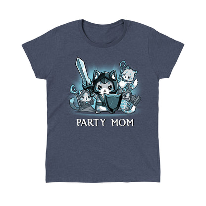 Classic Cotton T-shirt_TeeTurtle Party Mom heather navy t-shirt featuring a ferocious girl power cat mom holding a sword and shield surrounded by her cubs holding various tabletop gaming weapons.