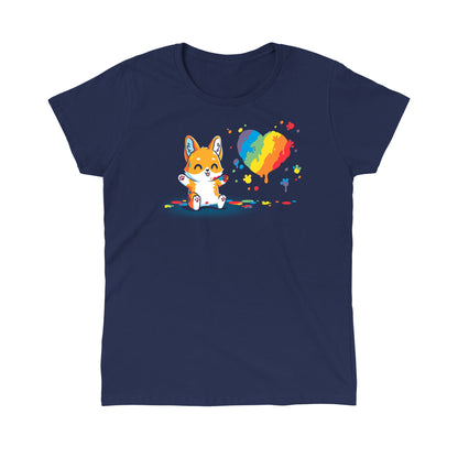 Classic Cotton T-shirt_TeeTurtle Paw Painting (Corgi) navy blue t-shirt featuring a kawaii corgi with a rainbow paint splash in a heart shape.