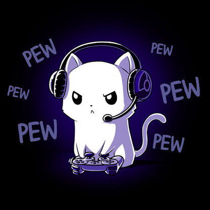 Classic Cotton T-shirt_TeeTurtle Pew Pew Kitty (Glow) black t-shirt featuring a white cat looking angry wearing a headset and holding a controller gaming surrounded by the word "pew."