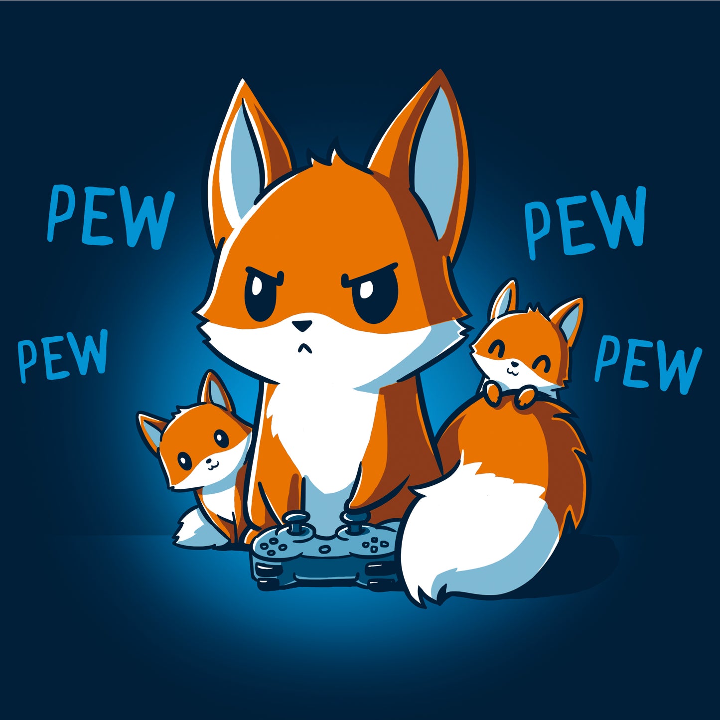 Crew Neck Sweatshirt_TeeTurtle navy blue Pew Pew Parent. Featuring a parent fox playing a video game with a controller and its kits climbing over it.