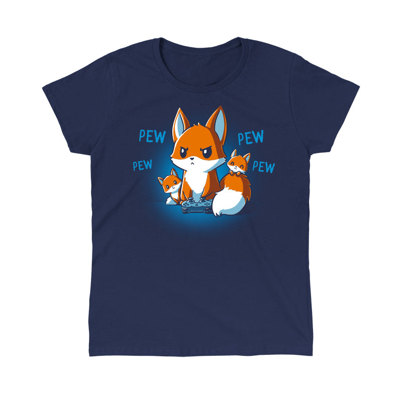 Classic Cotton T-shirt_TeeTurtle navy blue Pew Pew Parent. Featuring a parent fox playing a video game with a controller and its kits climbing over it.