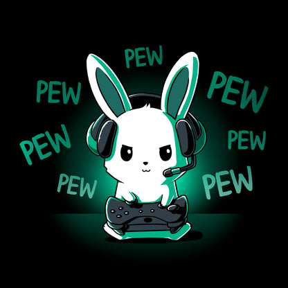 Pullover Hoodie_TeeTurtle black Pew Pew Bunny. Featuring a bunny playing a video game with a controller making pew-pew sounds.