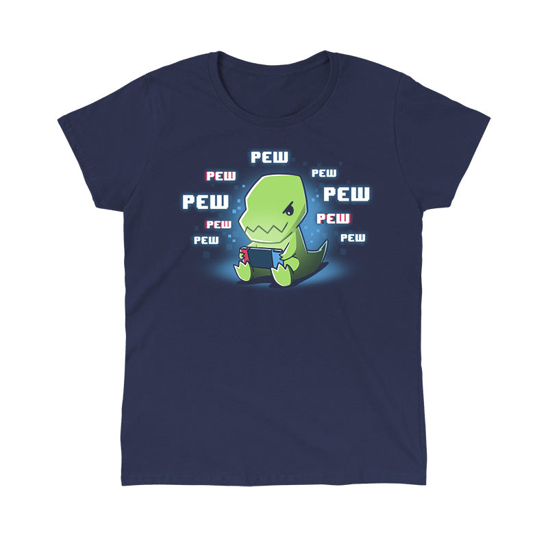 Classic Cotton T-shirt_TeeTurtle navy blue Pew Pew Dinosaur. Featuring a t-rex playing a video game on a handheld console.