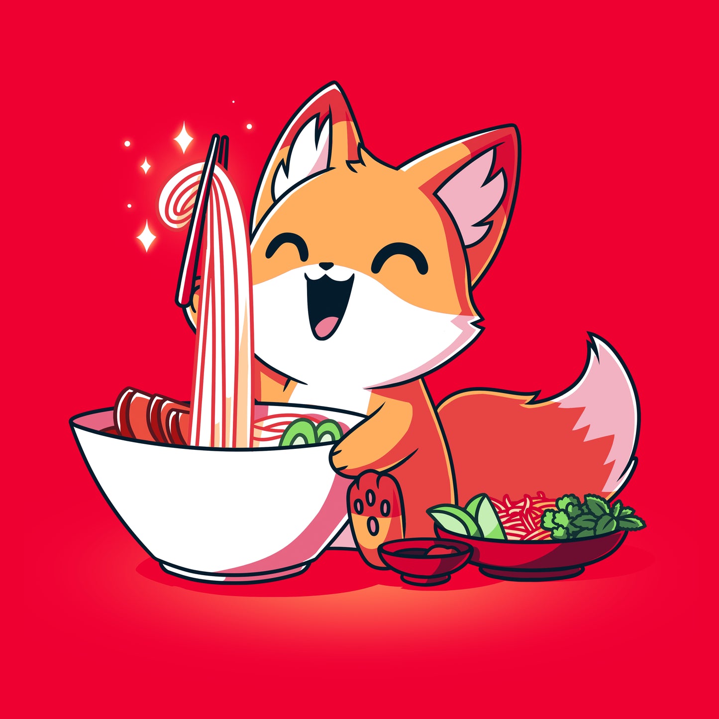 Classic Cotton T-shirt_TeeTurtle Pho Fox red t-shirt featuring a happy fox eating a bowl of pho noodles.