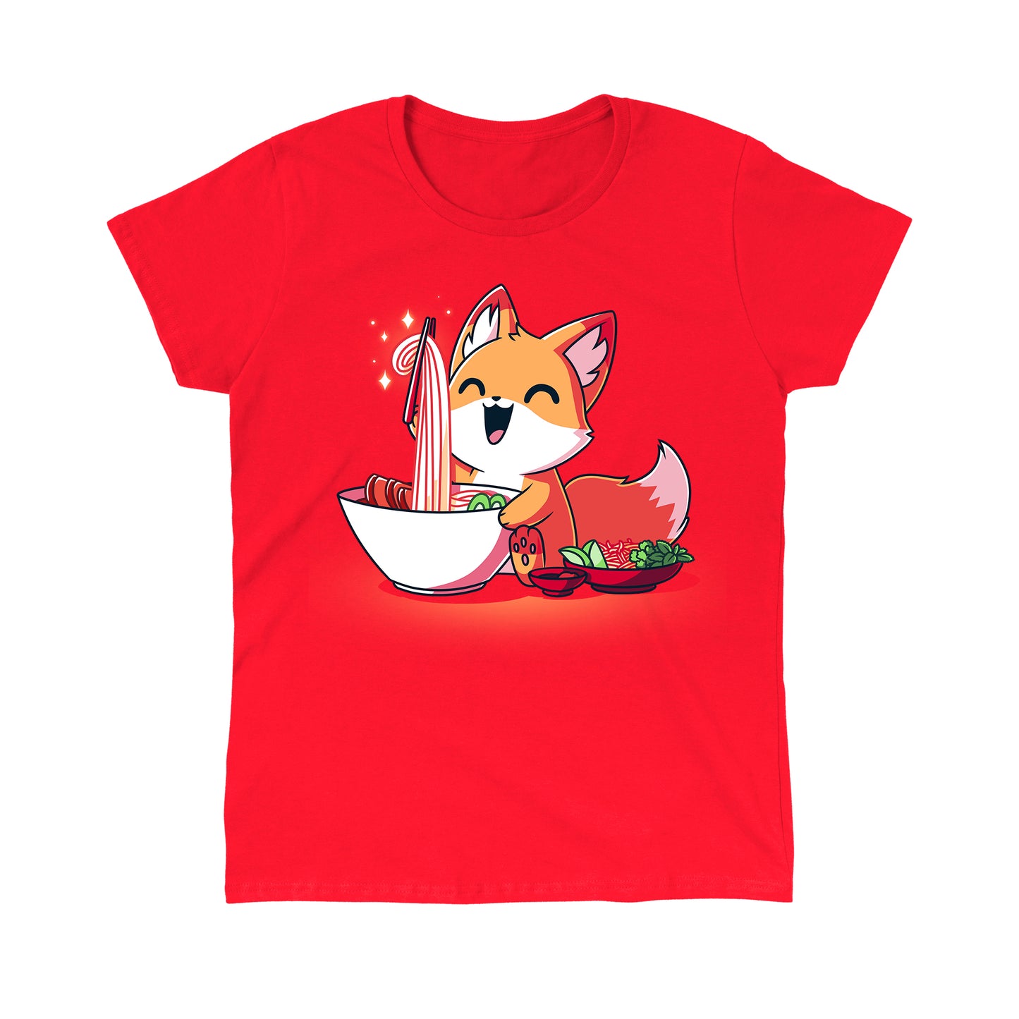 Classic Cotton T-shirt_TeeTurtle Pho Fox red t-shirt featuring a happy fox eating a bowl of pho noodles.