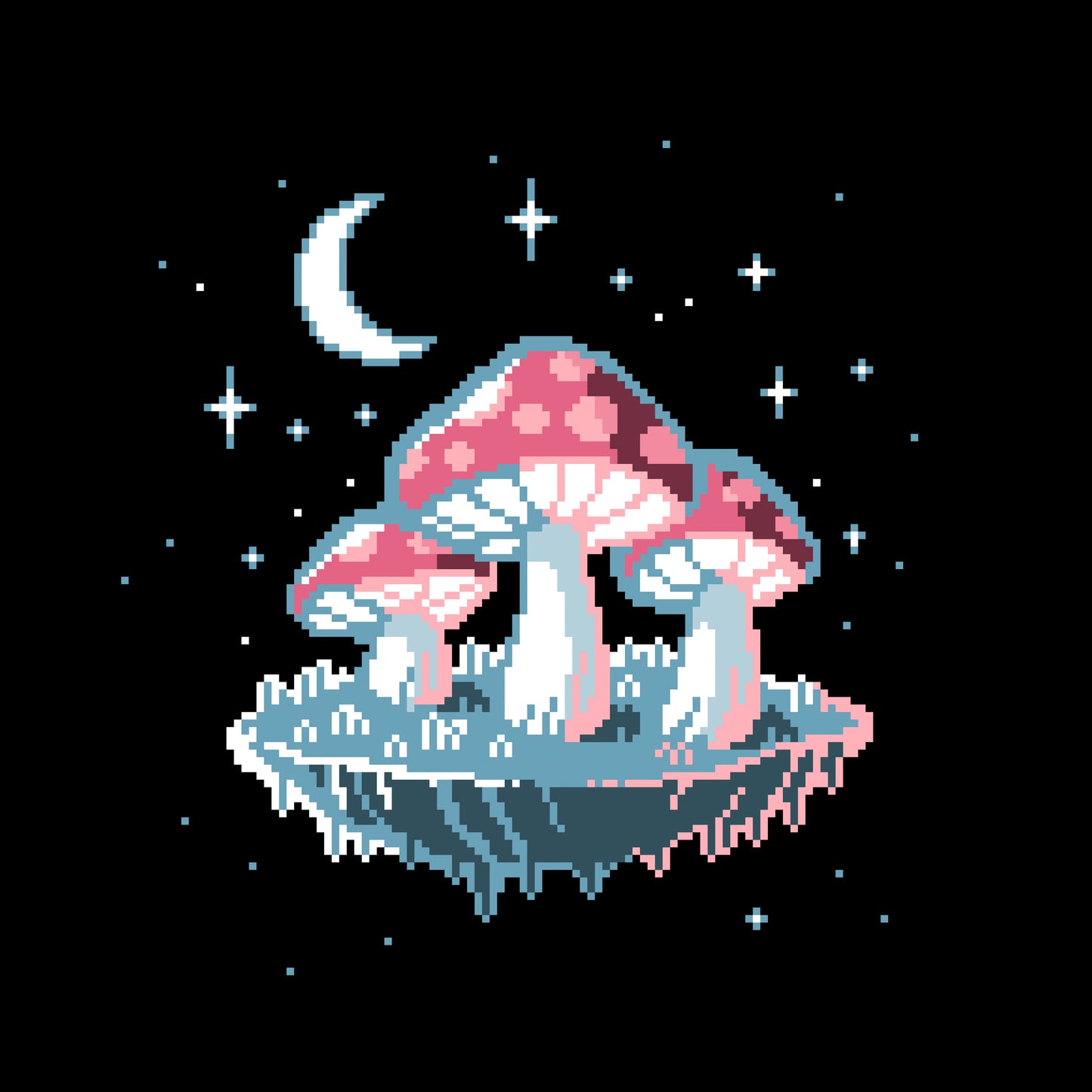 Classic Cotton T-shirt_TeeTurtle Pixel Mushrooms black t-shirt featuring a pixelated video game mushrooms with stars and the moon in the background. 