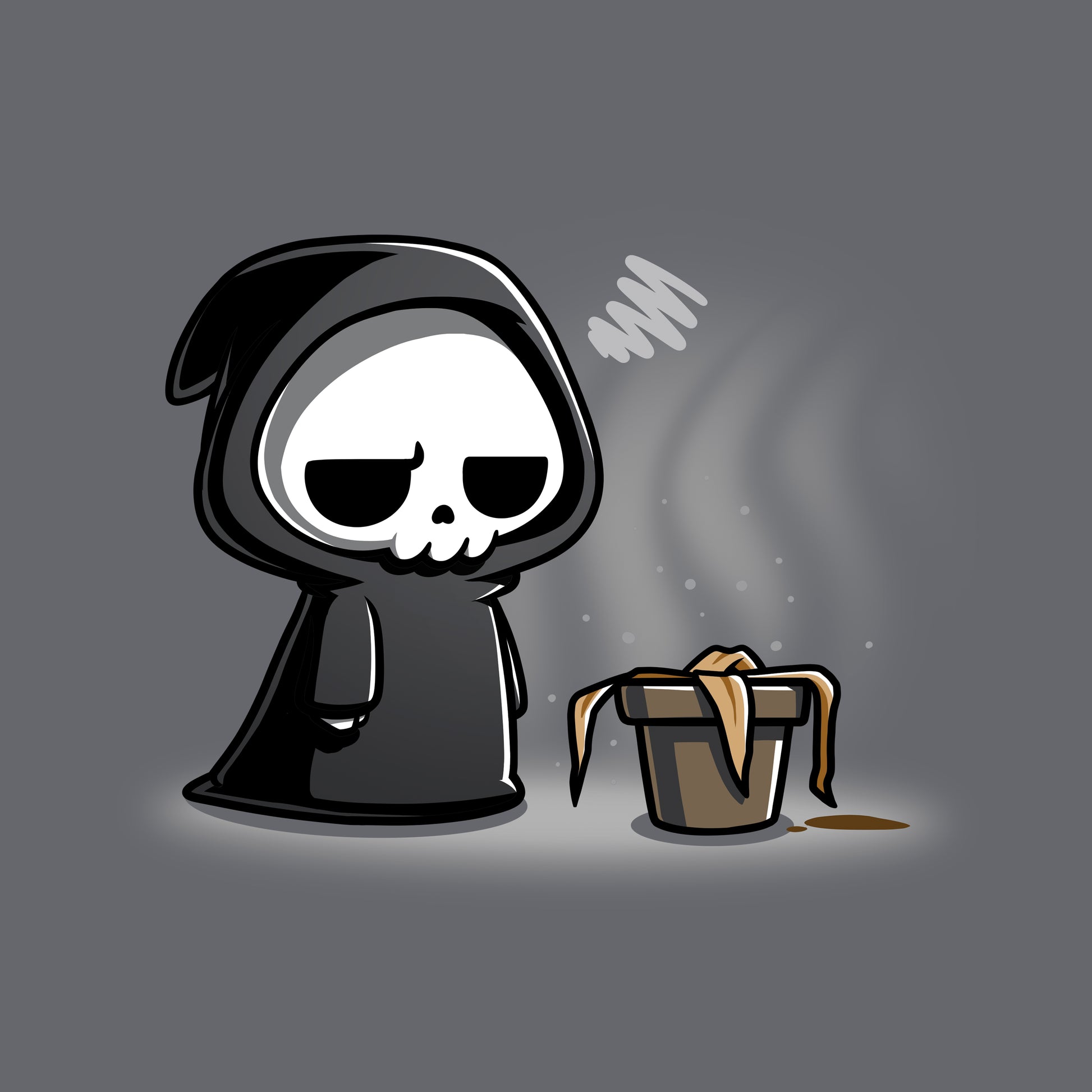 Classic Cotton T-shirt_TeeTurtle Plant Killer charcoal gray t-shirt featuring the grim reaper sadly looking at a dead plant.