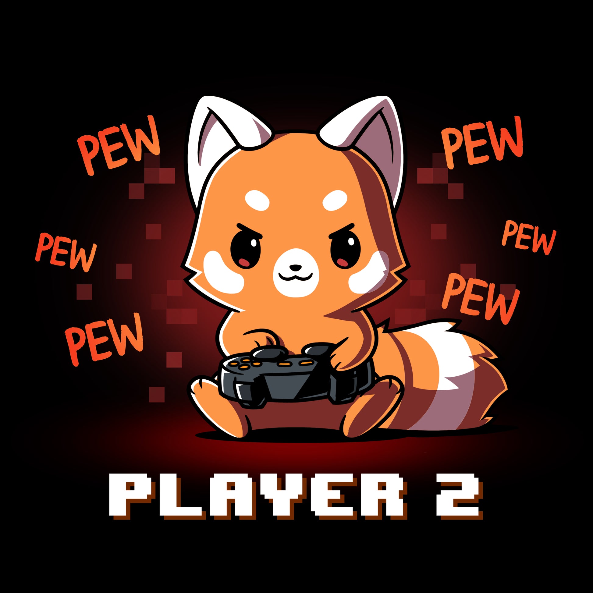 Cartoon of a cute orange fox holding a game controller with "PEW PEW PEW" written around it. The text "PLAYER 2" is at the bottom. Available on a super soft ringspun cotton, black t-shirt, perfect to match with our Player 2 Red Panda design from monsterdigital.