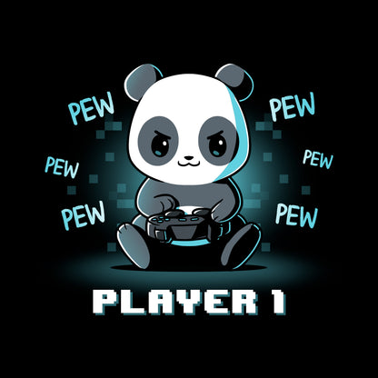 Classic Cotton T-shirt_Teeturtle Player 1 Panda black t-shirt featuring a determined panda holding a game controller with "PEW" written repeatedly around it. "PLAYER 1" is written at the bottom in pixelated text.