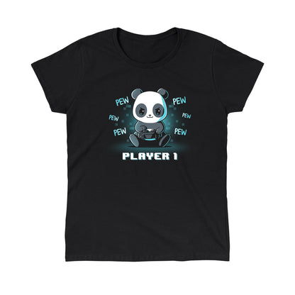 Classic Cotton T-shirt_Teeturtle Player 1 Panda black t-shirt featuring a determined panda holding a game controller with "PEW" written repeatedly around it. "PLAYER 1" is written at the bottom in pixelated text.