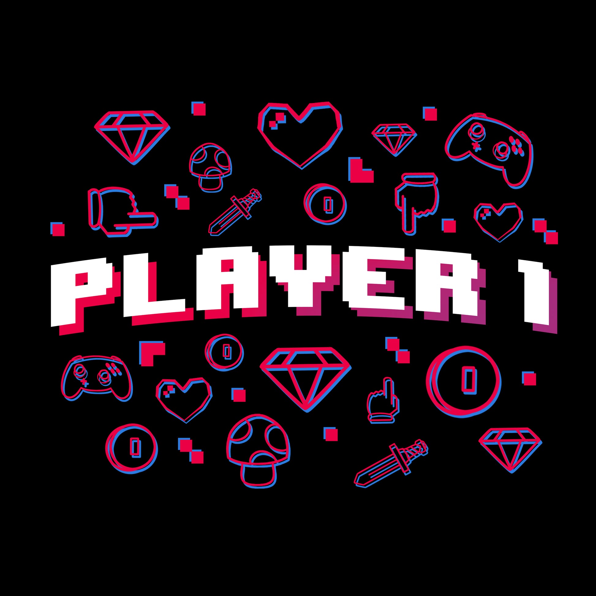 Classic Cotton T-shirt_TeeTurtle Player 1 black t-shirt featuring "Player 1" text in block font surrounded by various gaming icons such as controllers, diamonds, hearts, mushrooms, coins, and swords.