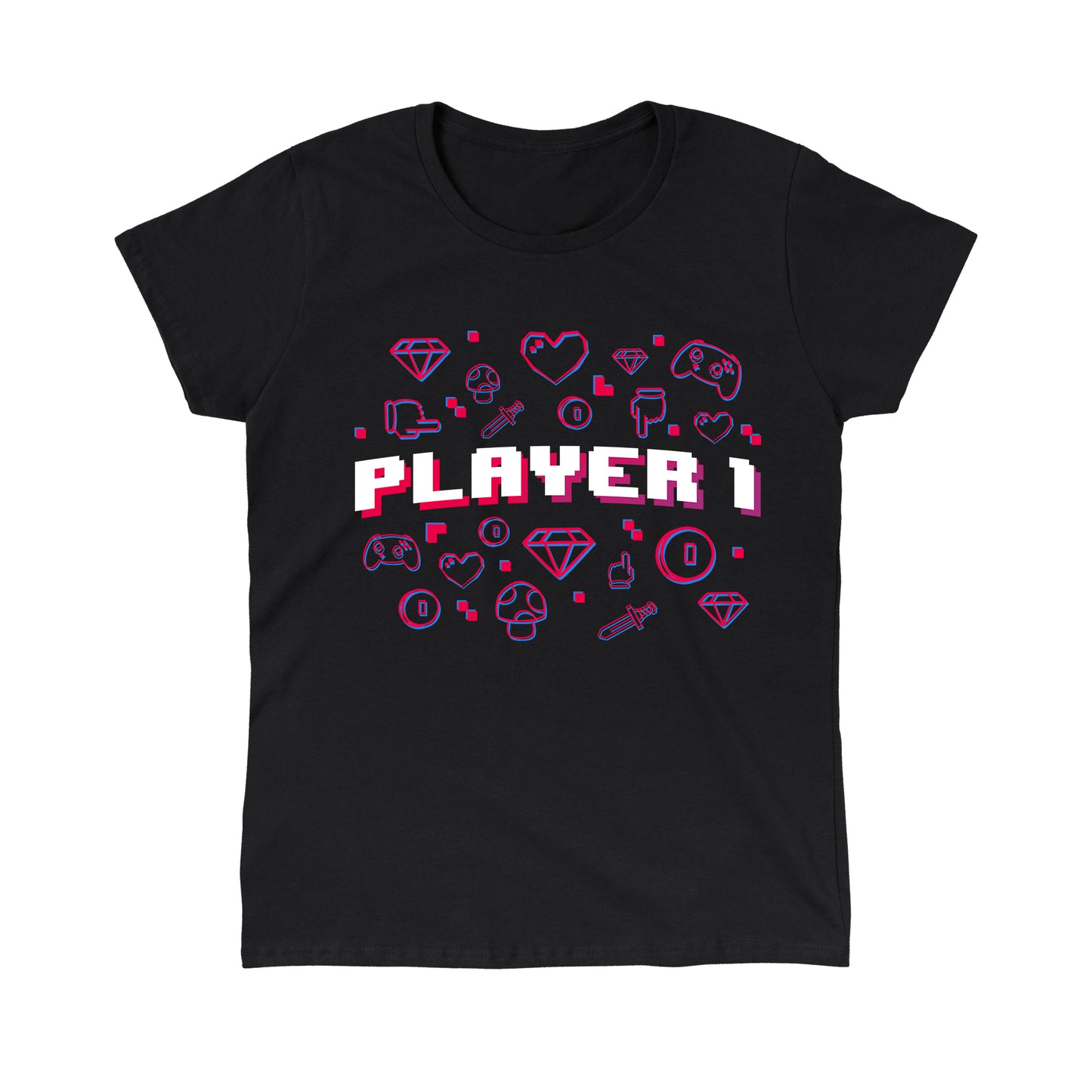 Classic Cotton T-shirt_TeeTurtle Player 1 black t-shirt featuring "Player 1" text in block font surrounded by various gaming icons such as controllers, diamonds, hearts, mushrooms, coins, and swords.