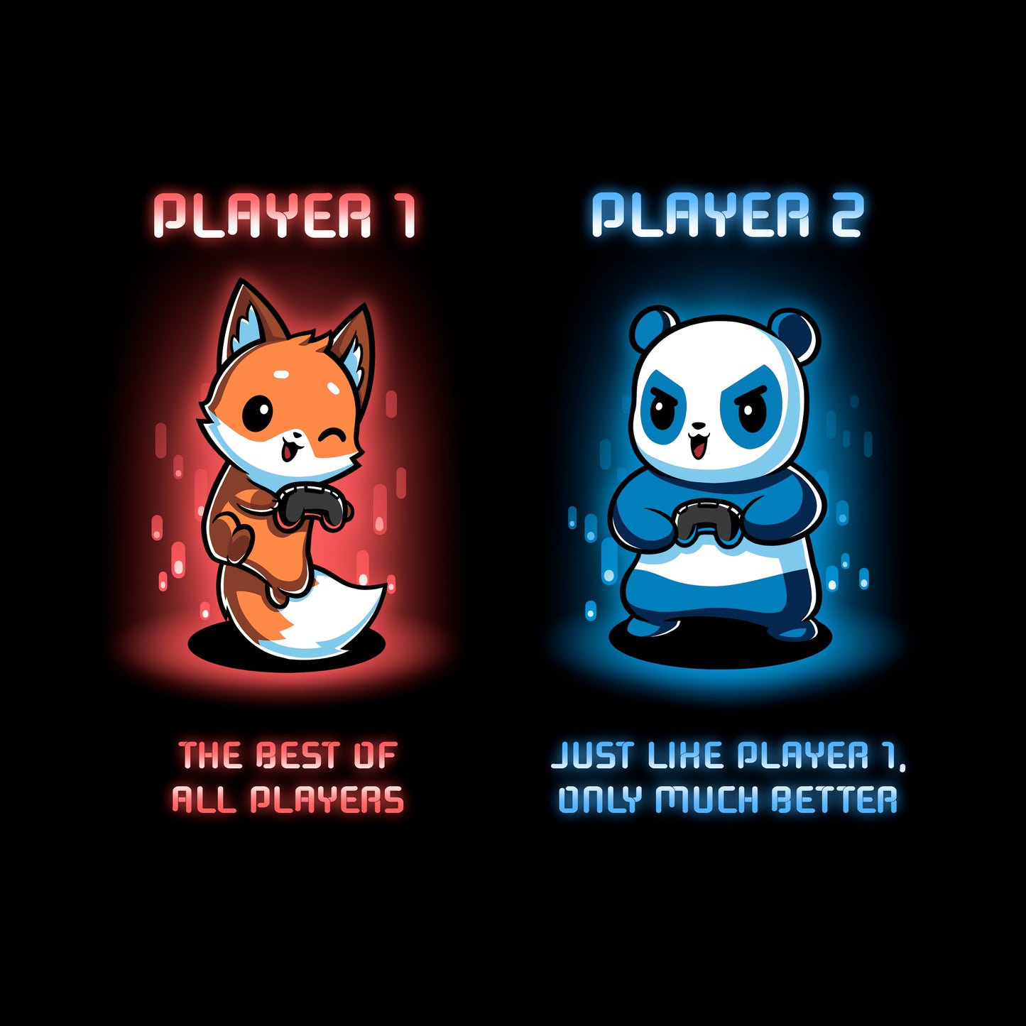 Classic Cotton T-shirt_TeeTurtle Player 1 and Player 2 black t-shirt featuring a fox and panda holding video game controllers in a player selection screen.