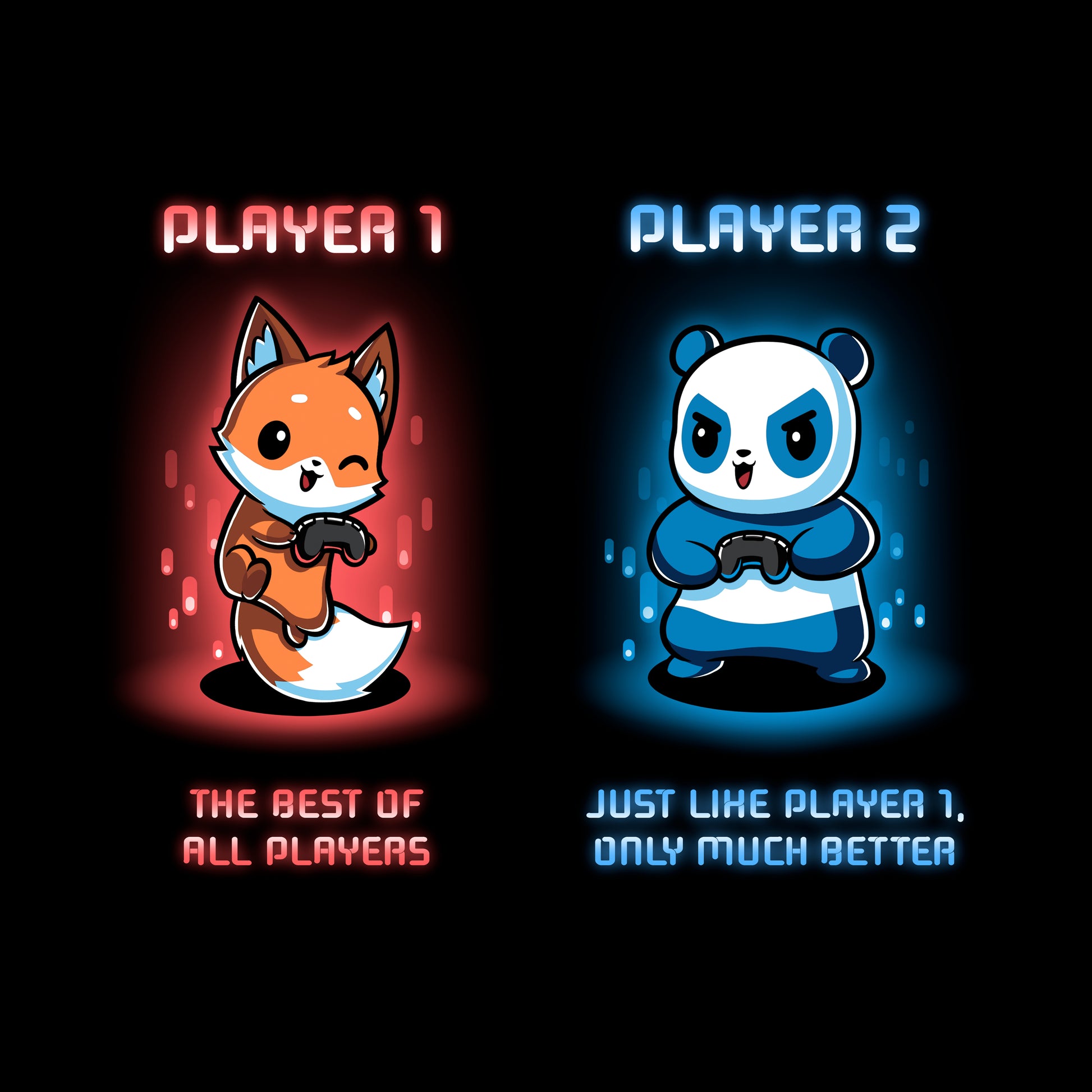 Classic Cotton T-shirt_TeeTurtle Player 1 and Player 2 black t-shirt featuring a fox and panda holding video game controllers in a player selection screen.