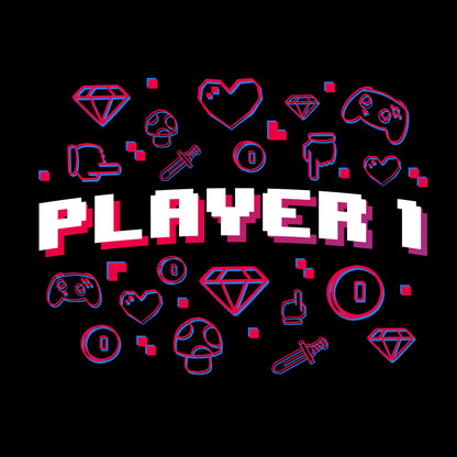 Classic Cotton T-shirt_TeeTurtle Player 1 black t-shirt featuring "Player 1" text in block font surrounded by various gaming icons such as controllers, diamonds, hearts, mushrooms, coins, and swords.