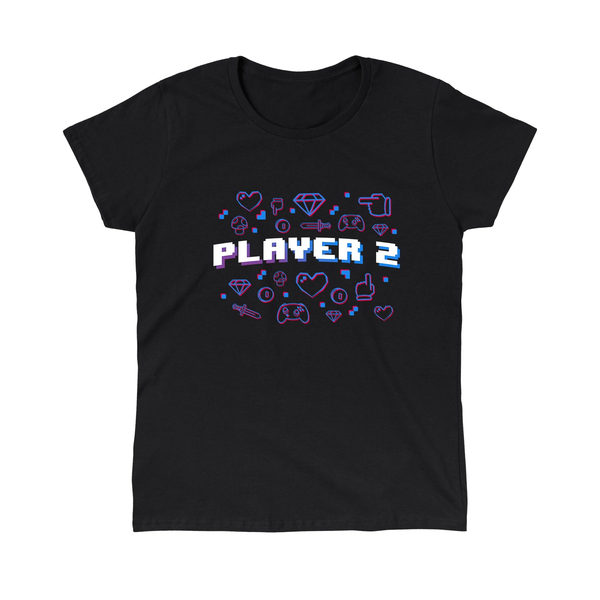 Classic Cotton T-shirt_TeeTurtle black Player 2. Featuring the text, "Player 2" surrounded by pixel art video game elements.