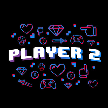 Long Sleeve T-shirt_TeeTurtle black Player 2. Featuring the text, "Player 2" surrounded by pixel art video game elements.