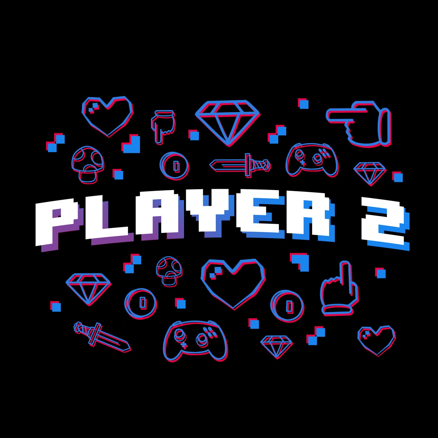 Classic Cotton T-shirt_TeeTurtle black Player 2. Featuring the text, "Player 2" surrounded by pixel art video game elements.