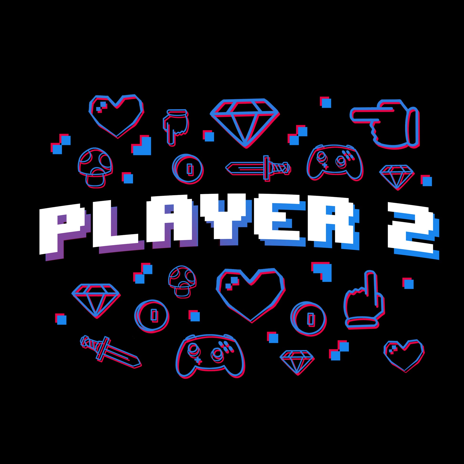 Classic Cotton T-shirt_TeeTurtle black Player 2. Featuring the text, "Player 2" surrounded by pixel art video game elements.