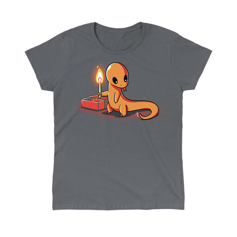 Classic Cotton T-shirt_TeeTurtle Playing With Fire Charcoal t-shirt featuring a cute orange salamander holding a lit match.